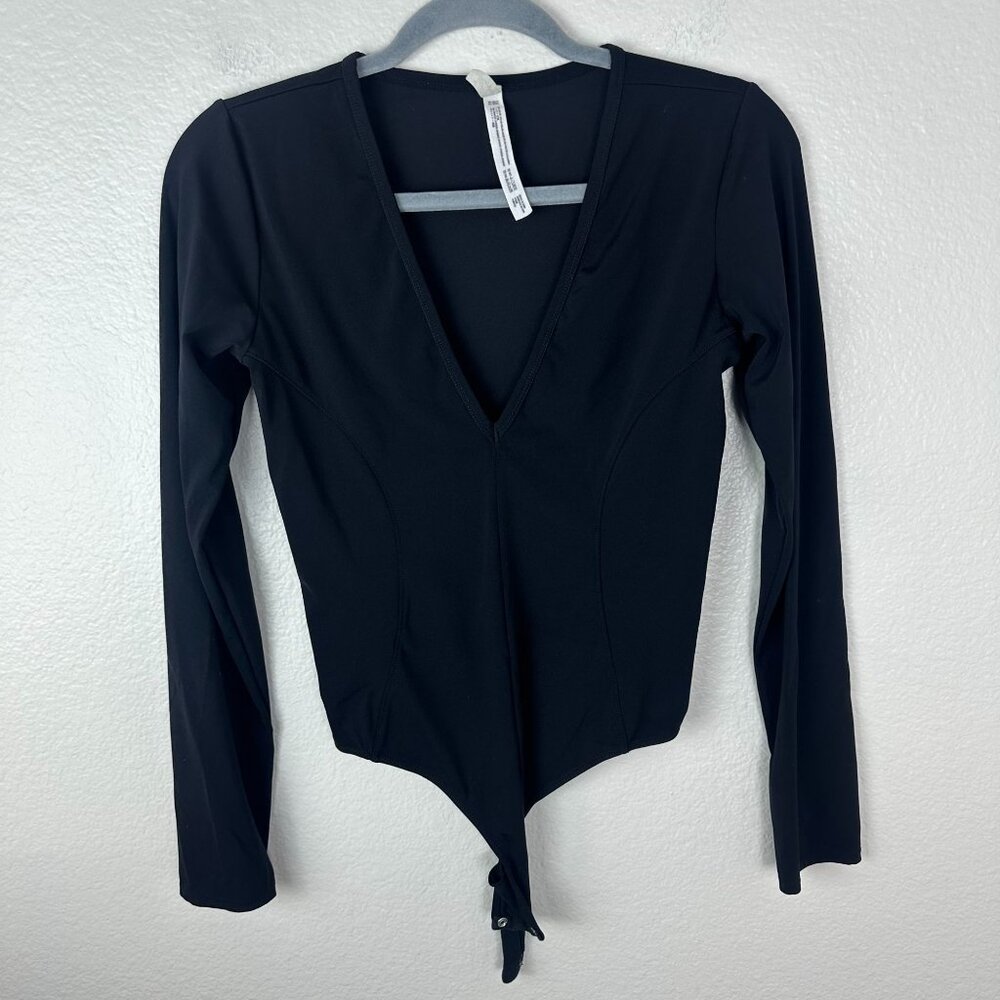 Intimately Free People Black Bodysuit M Deep V Neck Stretch Minimalist Contempor
